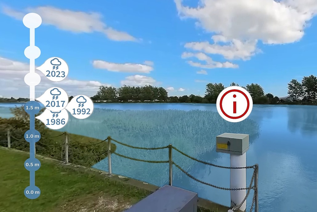 Screenshot fra KystAR der viser hvordan Slusen ser ud med 1.5 m vandstigning.
