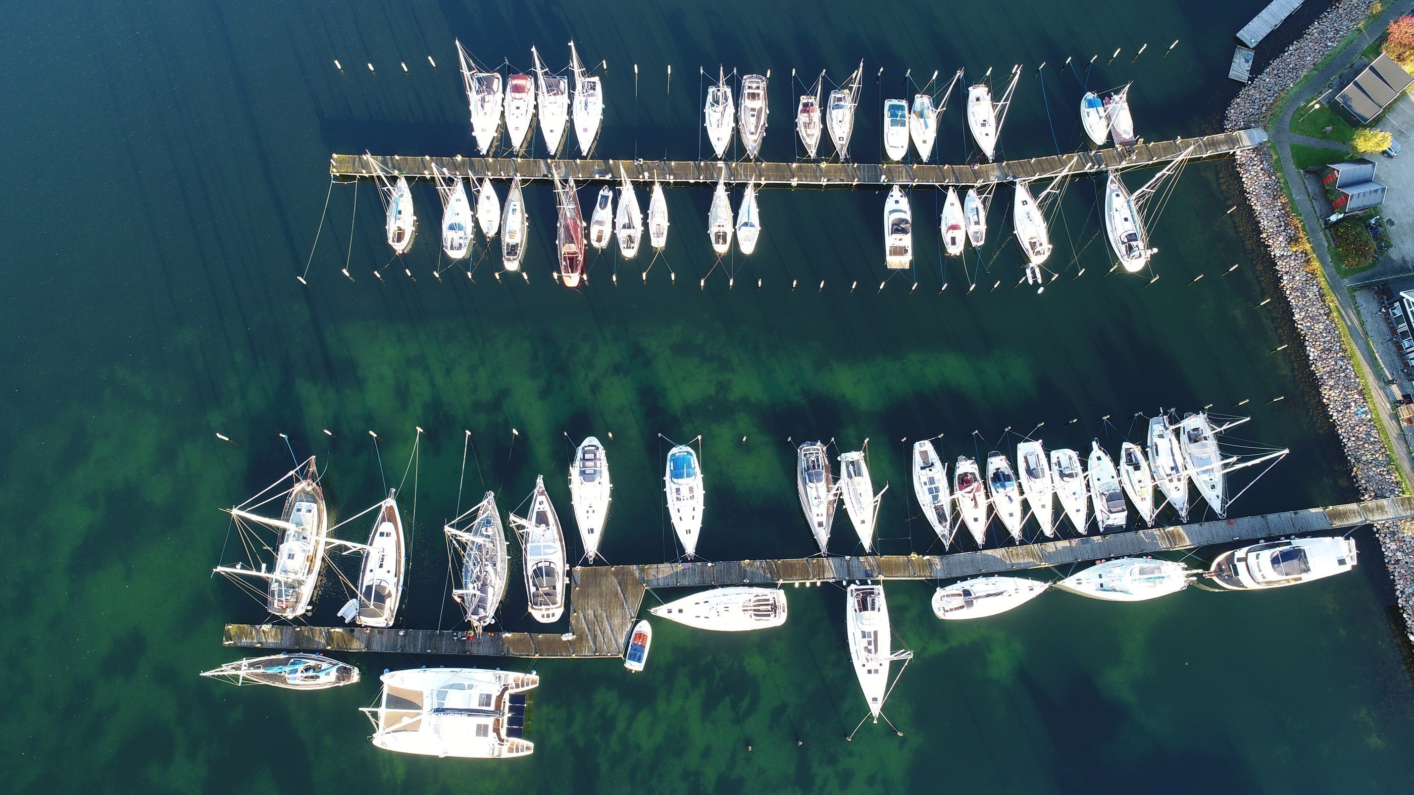 Dronefoto af mole og både ved Greve Marina