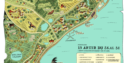 Et tegnet kort over Greve med placeringen og tegning af 13 arter man kan se i Greve, og en boks med navnene på de 13 arter.