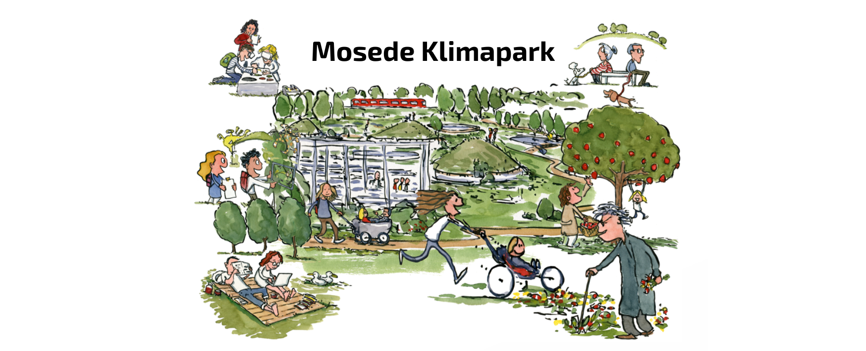 En tegning af idéerne til mosede klimapark. Der er folk der går tur, læser og leger med mere.