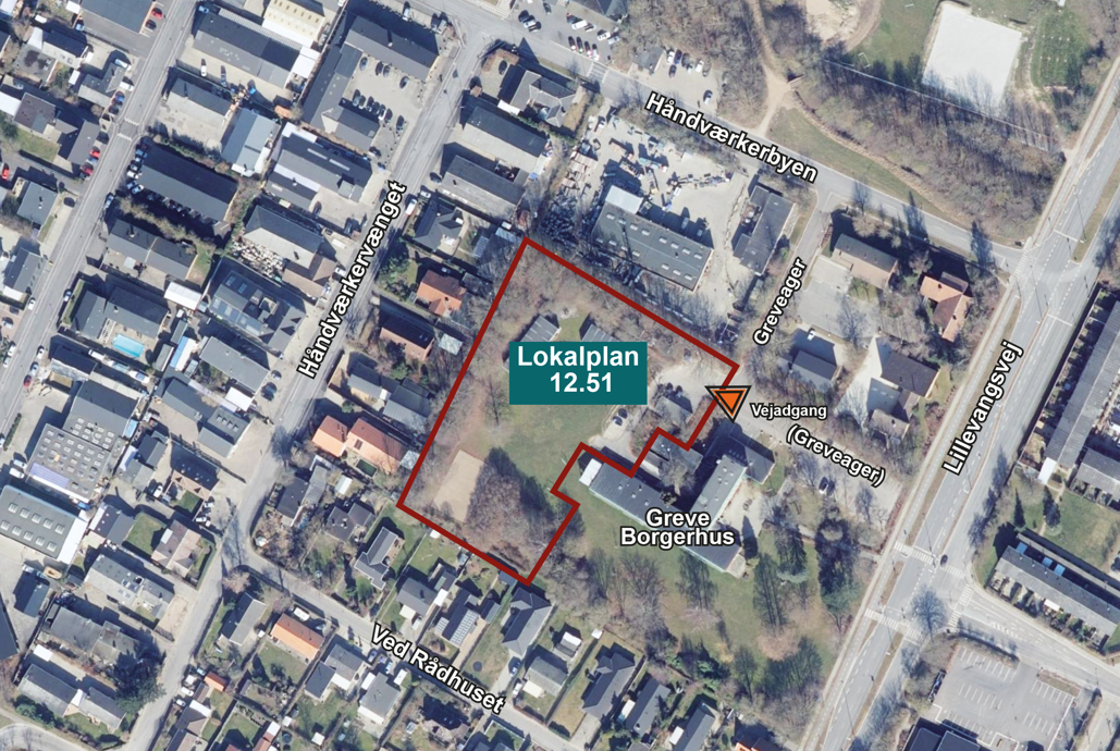 Oversigtsbillede af området for Lokalplan nr. 12.51 for Daginstitution ved Greve Borgerhus i Greve