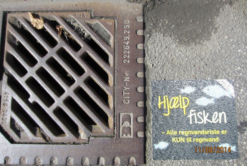 Rist på asfalt. Ved siden af risten et skilt med teksten: Hjælp fisken - Alle regnvandsristen er KUN til regnvand
