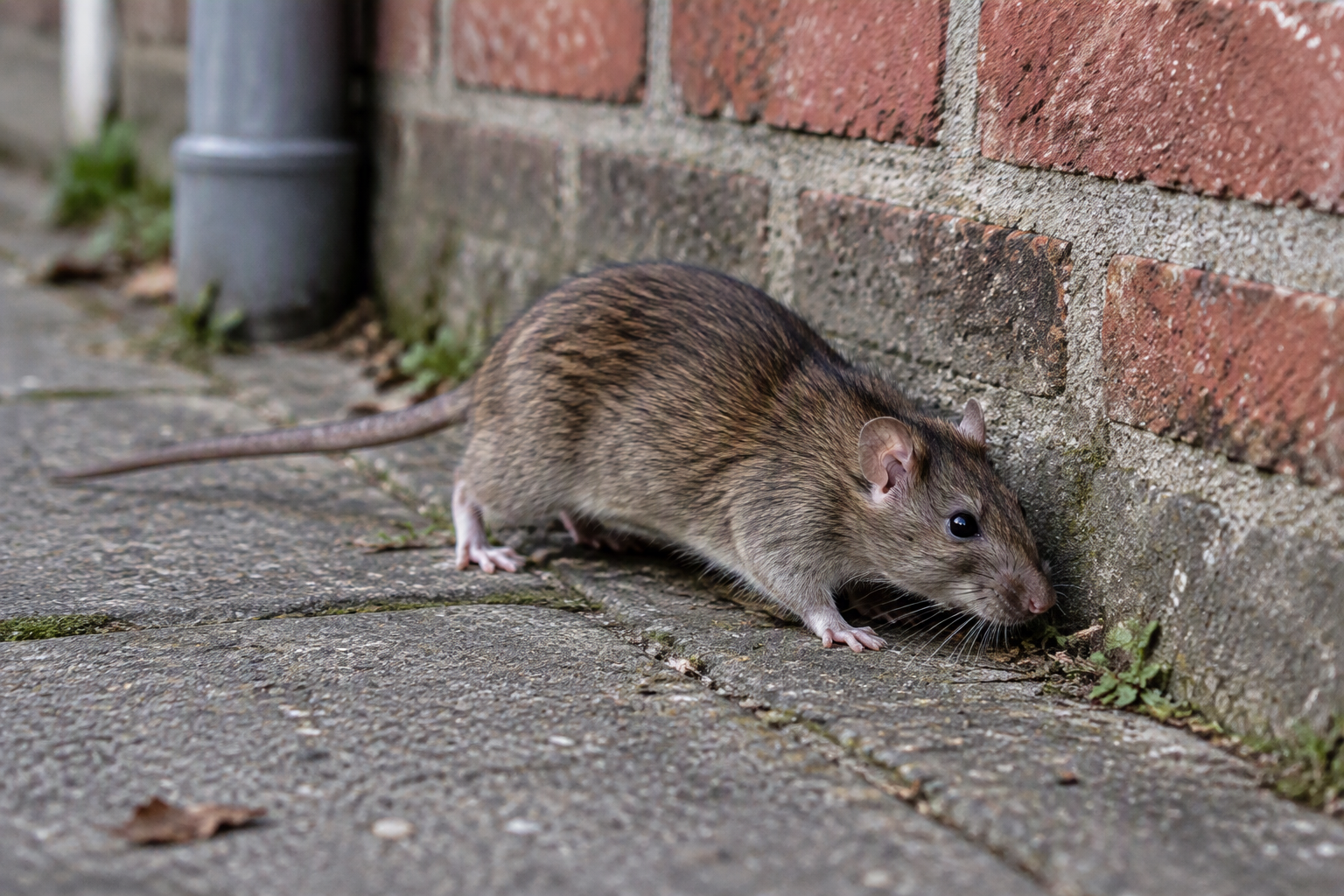 Billede af brun rotte der kravler langs husmur