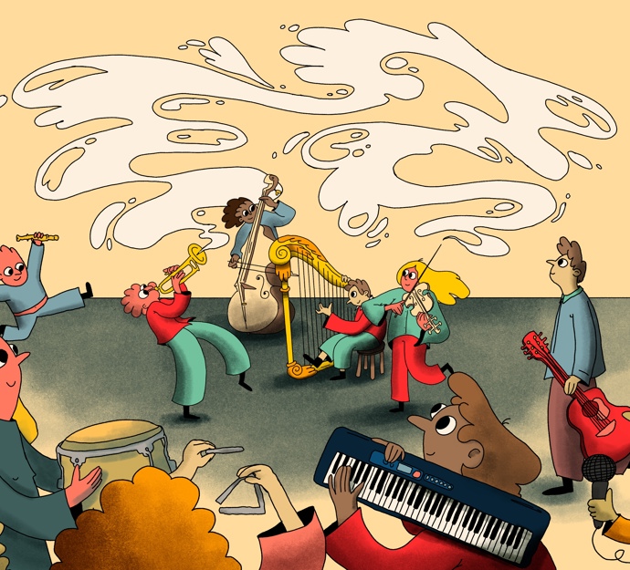 Der er fire mennesker der spiller musik sammen, på trompet, violin, harpe og cello. Syv mennesker mere er på vej over for at spille musik sammen med dem, og har instrumenter med som trommer, triangel, mikrofon, fløjte, guitar og keyboard.