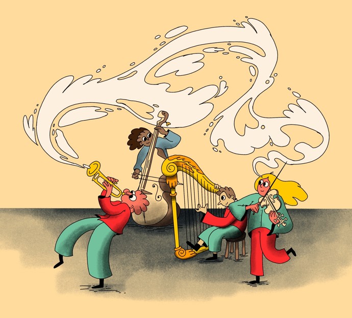 Fire mennesker spiller musik sammen, og samarbejder om det. Der bliver spillet trompet, harpe, cello og violin.
