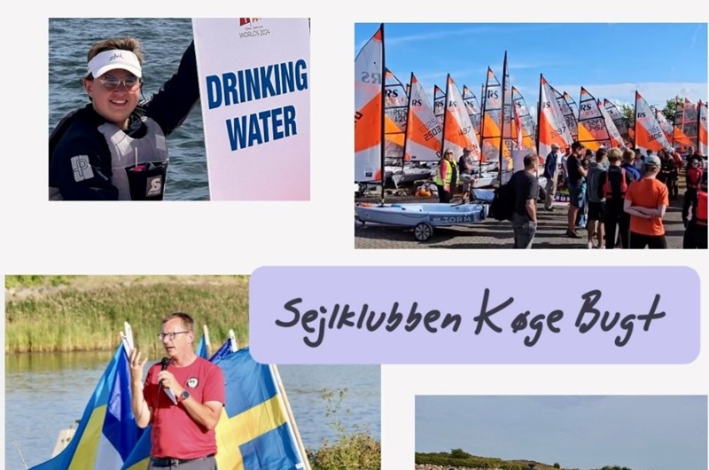 Collage med billeder og overskriften "Sejlklubben Køge Bugt". På billederne er der en person med et skilt hvor der står "drinking water", og en masse både der står på række, en mand der snakker i mikrofon foran et svensk flag, og nogle børn der er ude at stå på paddleboard.