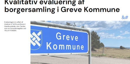 Et byskilt med Greve Kommune. Ovenfor er der en tekst hvor der står: "Kvalitativ evaluering af borgersamling i Greve Kommune".