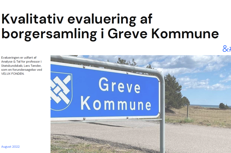 Et byskilt med Greve Kommune. Ovenfor er der en tekst hvor der står: "Kvalitativ evaluering af borgersamling i Greve Kommune".