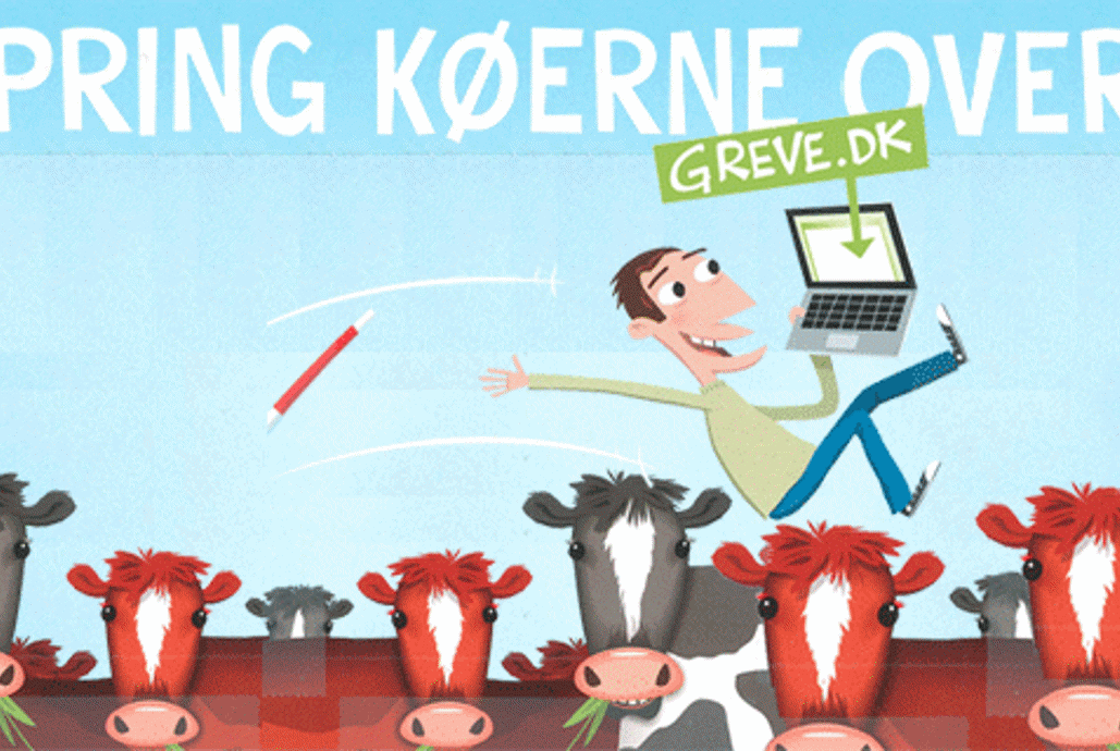 Mand med computer er logget på greve.dk og springer henover nogle malkekøer