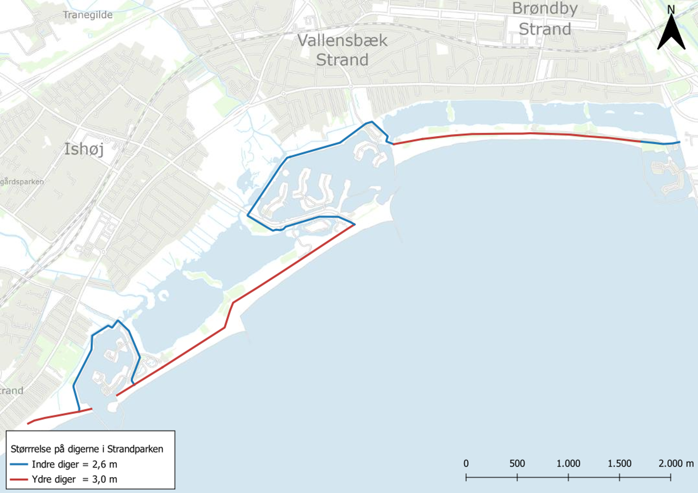 kort over kysten ved Greve der viser digernes placering