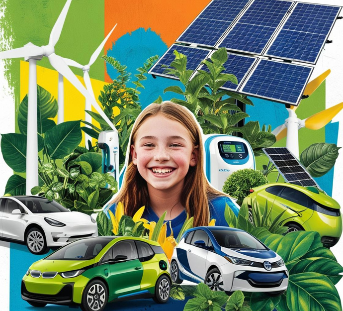 Billede med en smilende pige, planter, biler og solceller