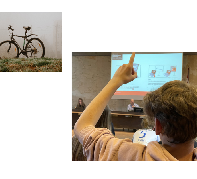 Et billede af en cykel og en billede af en dreng der rækker hånden op