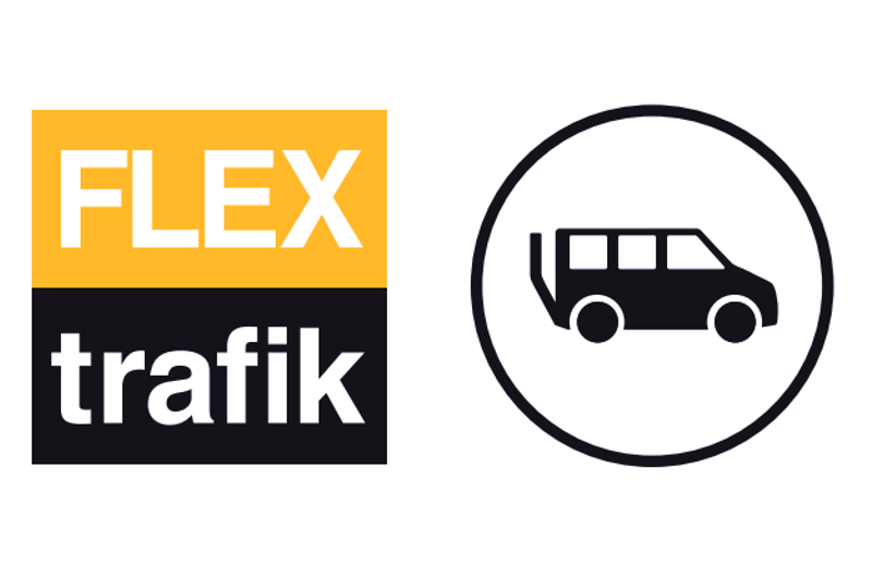 Billede/logo, hvor der står "Flextrafik" og ses en bus med rampe til kørestol.